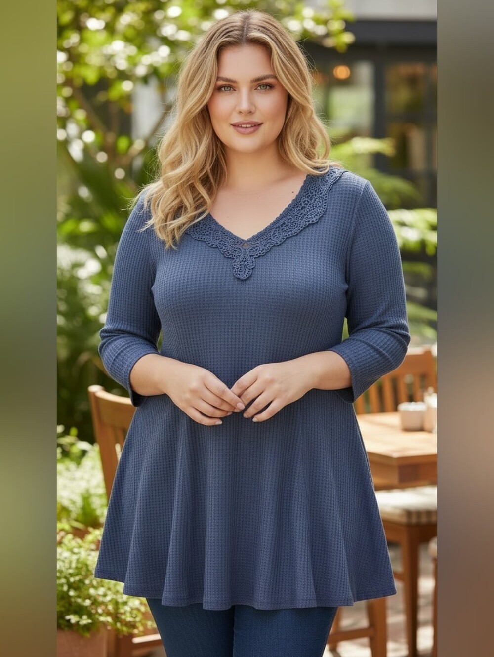 Catherines Navy Crochet-Trim Waffle Knit Tunic